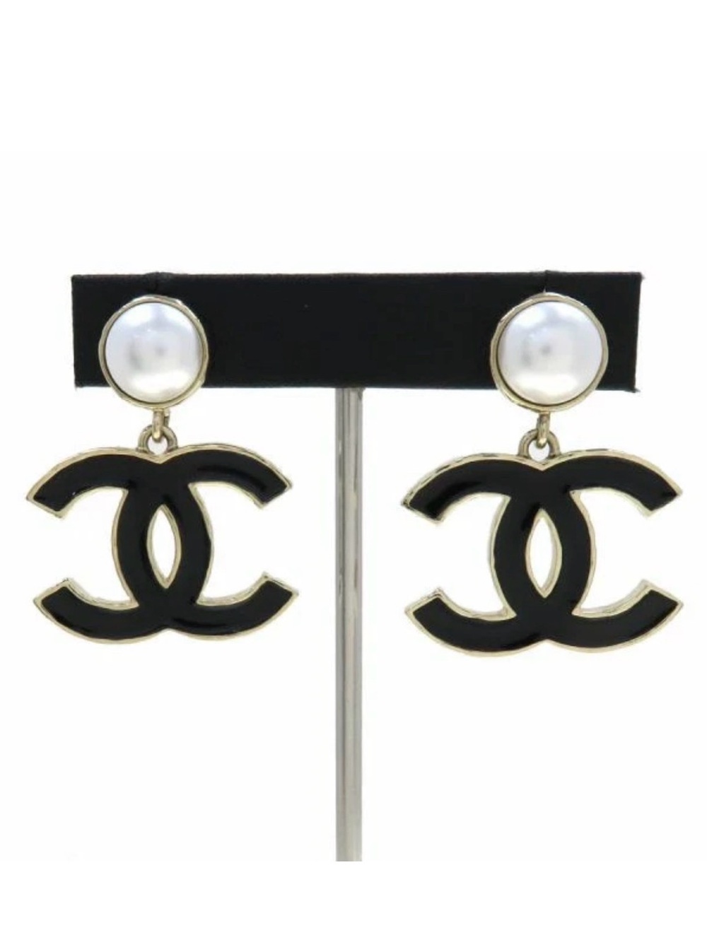 CHANEL Black Enamel CC Drop Earrings with Pearl Tops